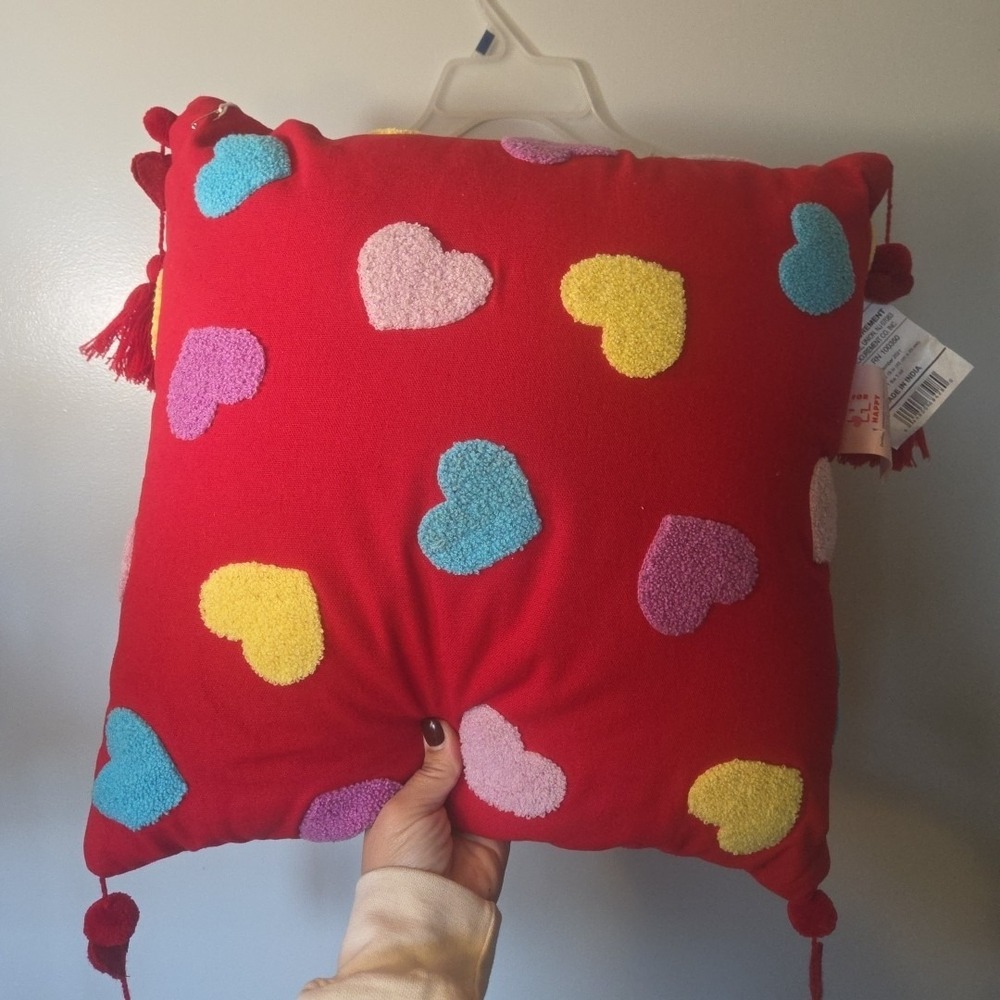 Embroidered Hearts  Red Accent Pillow Love Tassels Whimsical Bed Bath Beyond NWT
